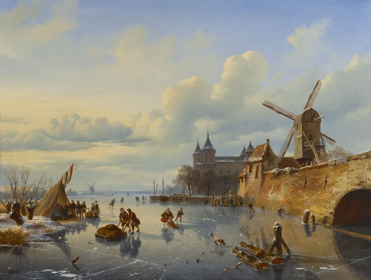 Lieste C.  | Cornelis Lieste, Skaters near a Dutch town, oil on panel 71.1 x 93.5 cm, signed l.r. and dated 1843