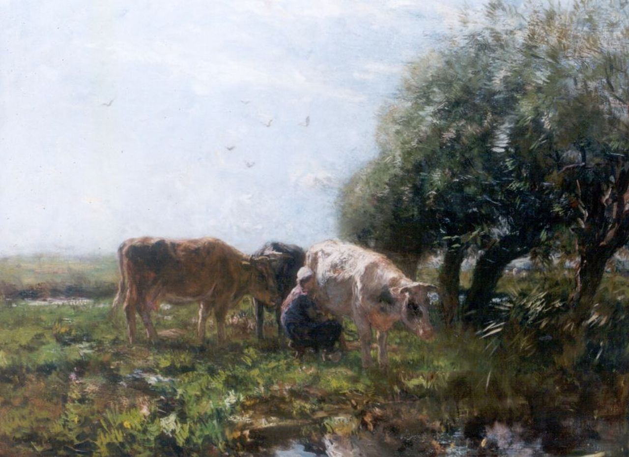 Maris W.  | Willem Maris, Milking time, oil on canvas 75.0 x 100.5 cm, signed l.l.
