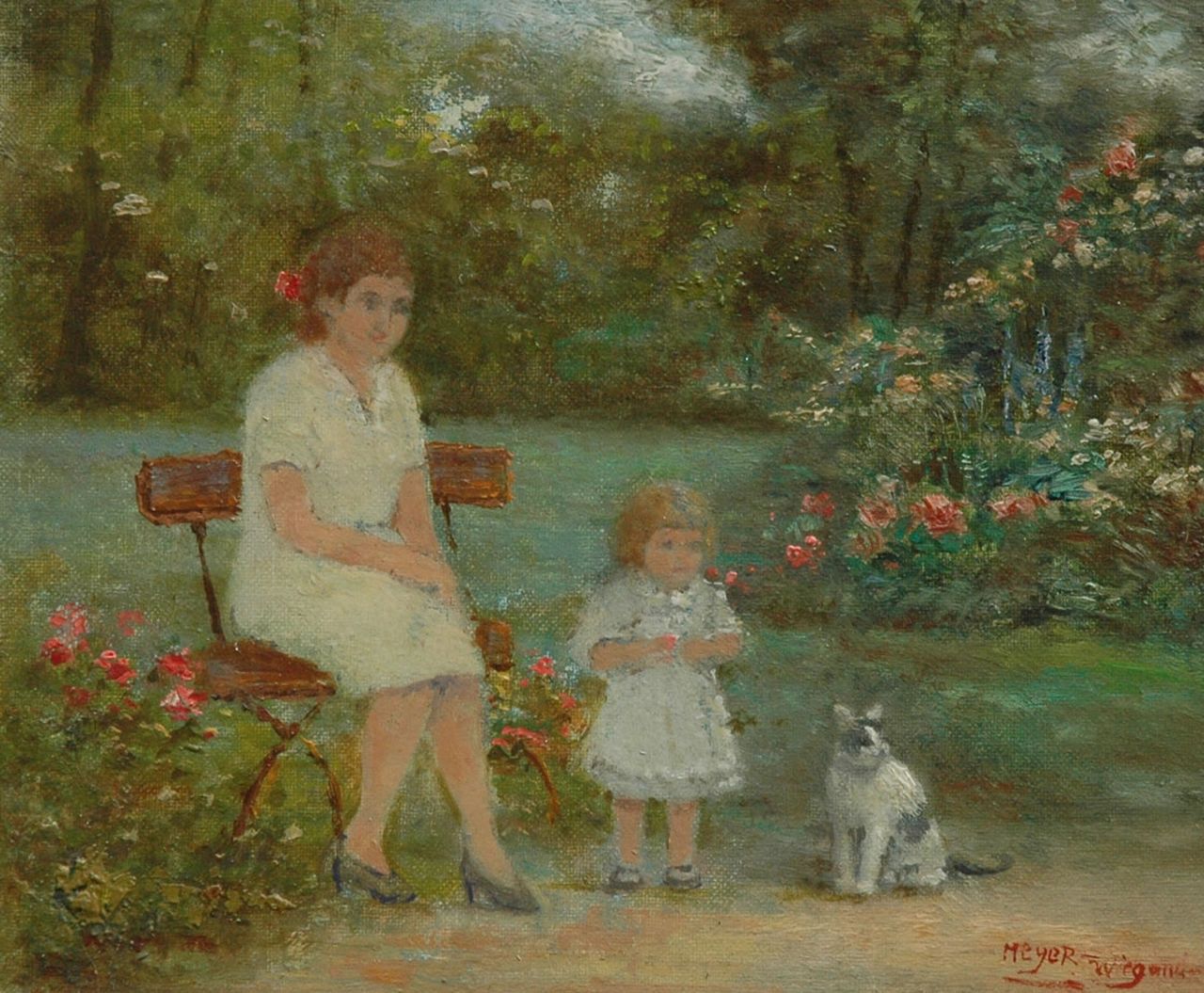 Meyer-Wiegand R.D.  | Rolf Dieter Meyer-Wiegand, In the garden, oil on canvas laid down on panel 13.4 x 15.9 cm, signed l.r.