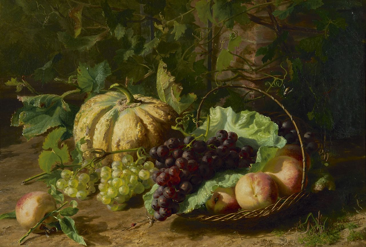 Sande Bakhuyzen G.J. van de | 'Gerardine' Jacoba van de Sande Bakhuyzen | Paintings offered for sale | Still life with fruit, oil on canvas 51.5 x 74.0 cm, signed l.r. and dated 1860