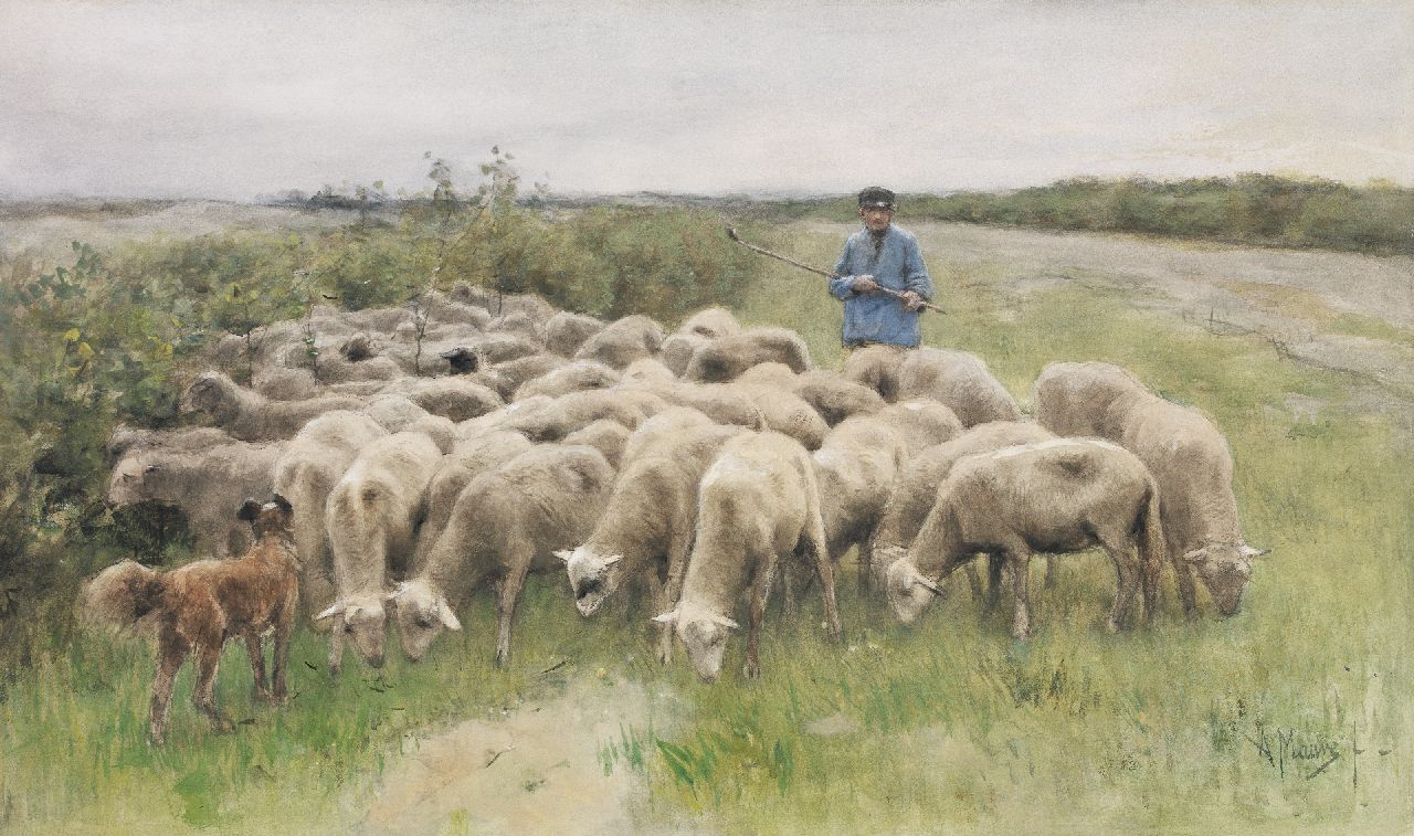 Mauve A.  | Anthonij 'Anton' Mauve, Shepherd with his flock on the heath, Laren, watercolour on paper 55.3 x 91.0 cm, signed l.r.