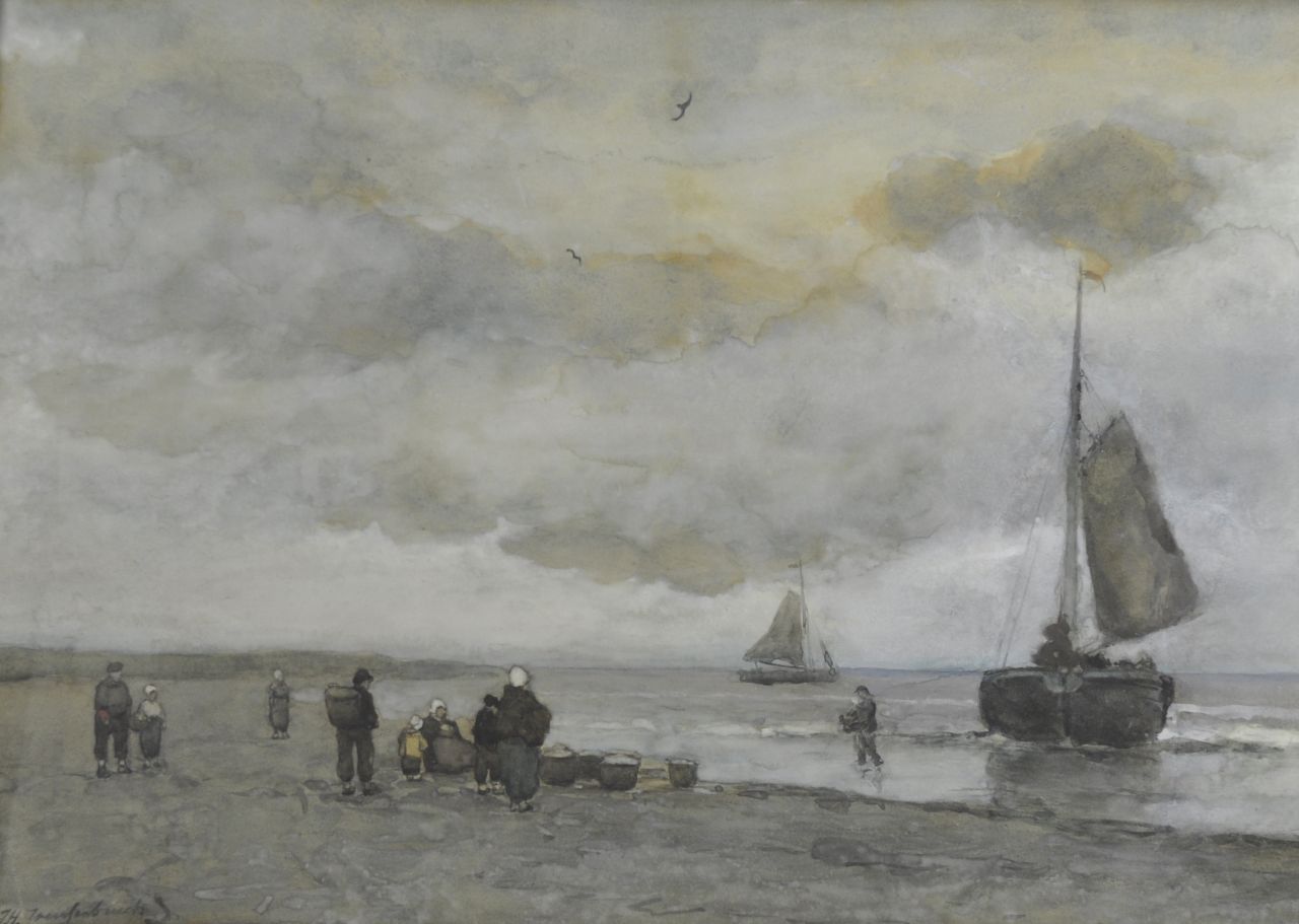 Weissenbruch H.J.  | Hendrik Johannes 'J.H.' Weissenbruch, Beach Scene, watercolour on paper 21.2 x 58.4 cm, signed l.l. and painted ca. 1895