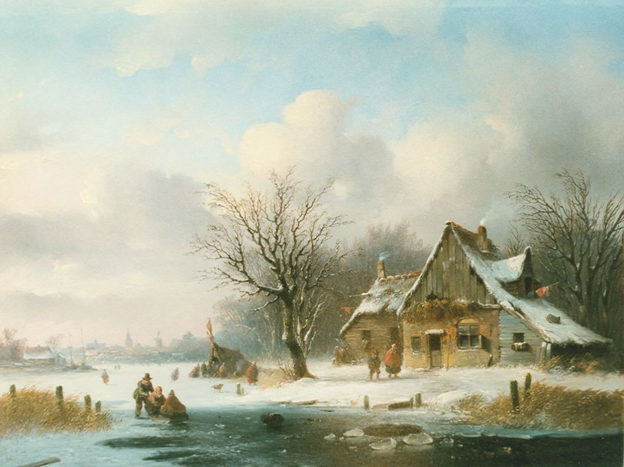 Stok J. van der | Jacobus van der Stok, Skaters and a 'koek en zopie' on the ice, oil on panel 35.5 x 46.4 cm