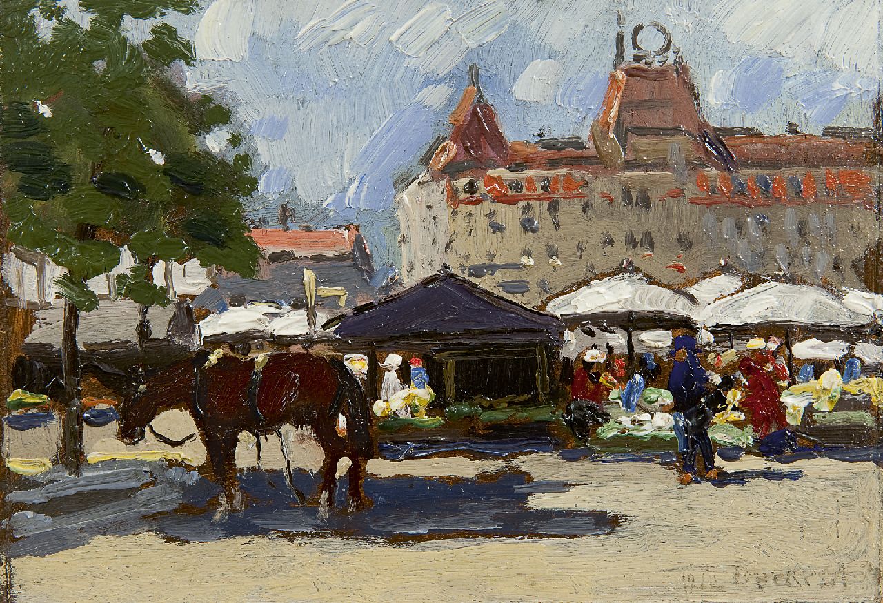 Antal Berkes | Market square in Budapest, oil on cardboard, 15.6 x 22.0 cm, signed l.r. and dated 1912
