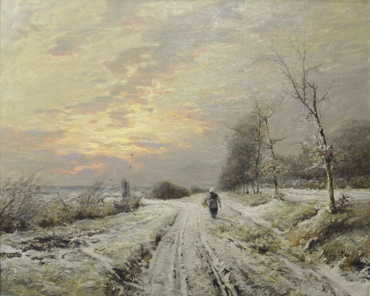 Apol L.F.H.  | Lodewijk Franciscus Hendrik 'Louis' Apol, Winterlandscape with a farmer's wife on a path, oil on canvas 64.3 x 80.2 cm, signed l.l.