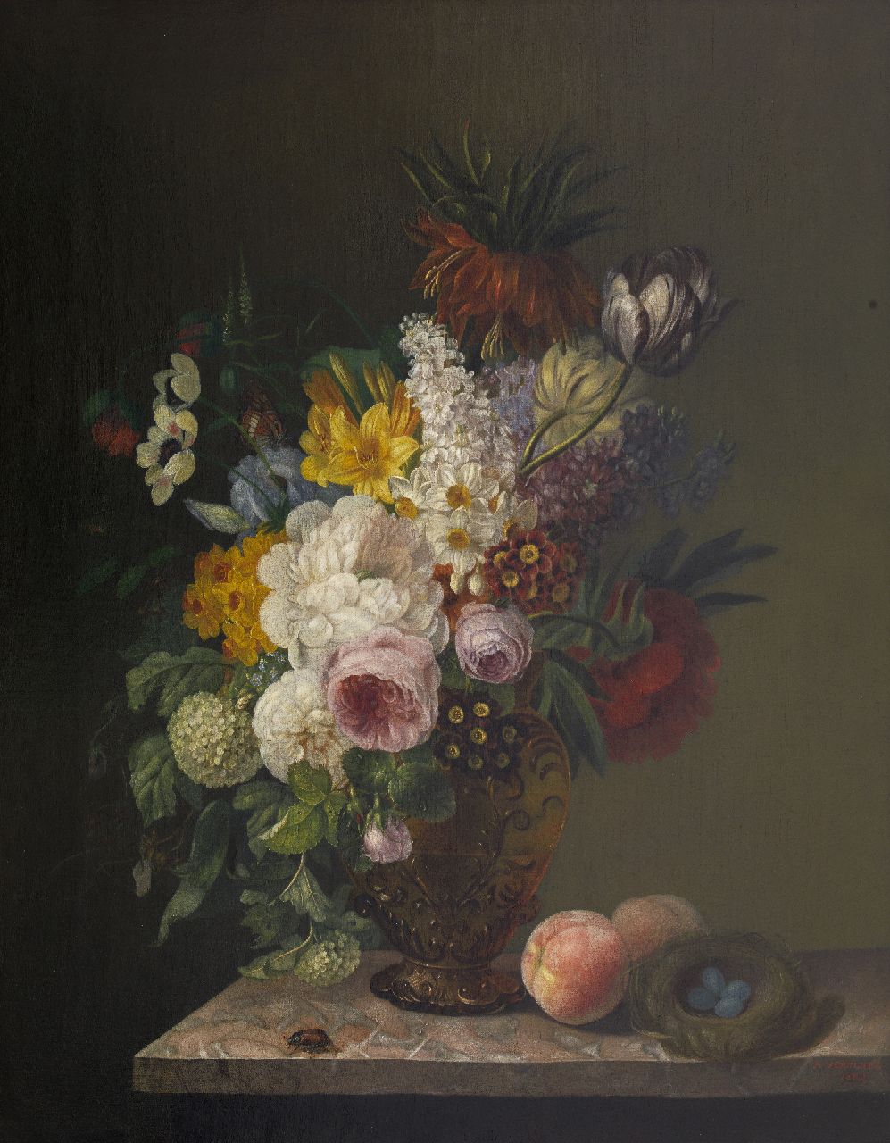 Augustine Vervloet | Flowers in a vase with insect and a bird's nest, oil on canvas, 80.4 x 64.4 cm, signed l.r. and dated 1888