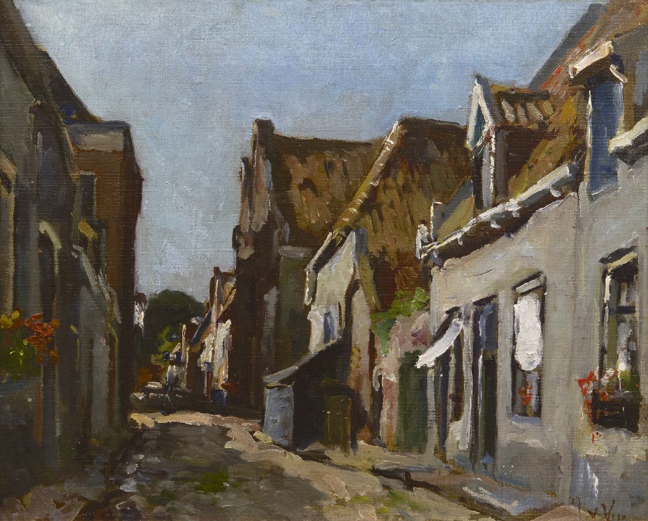 Vuuren J. van | Jan van Vuuren, Sunny street in Elburg, oil on canvas 24.4 x 29.5 cm, signed l.r. with initials