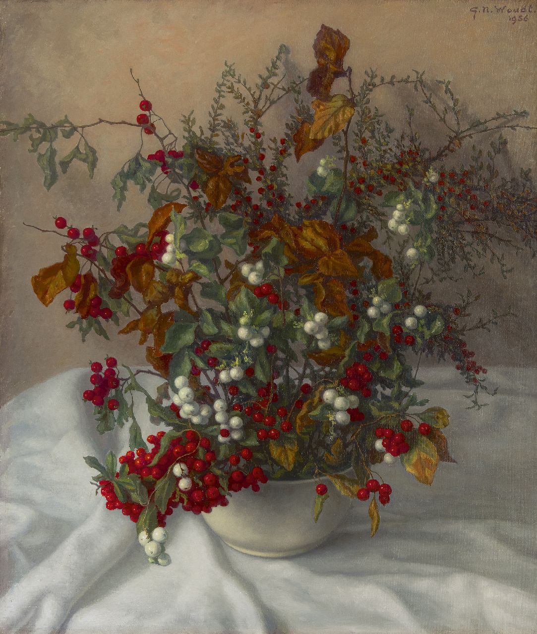 Gerrit Woudt | Still life with berries, oil on canvas, 65.2 x 55.4 cm, signed u.r. and dated 1956