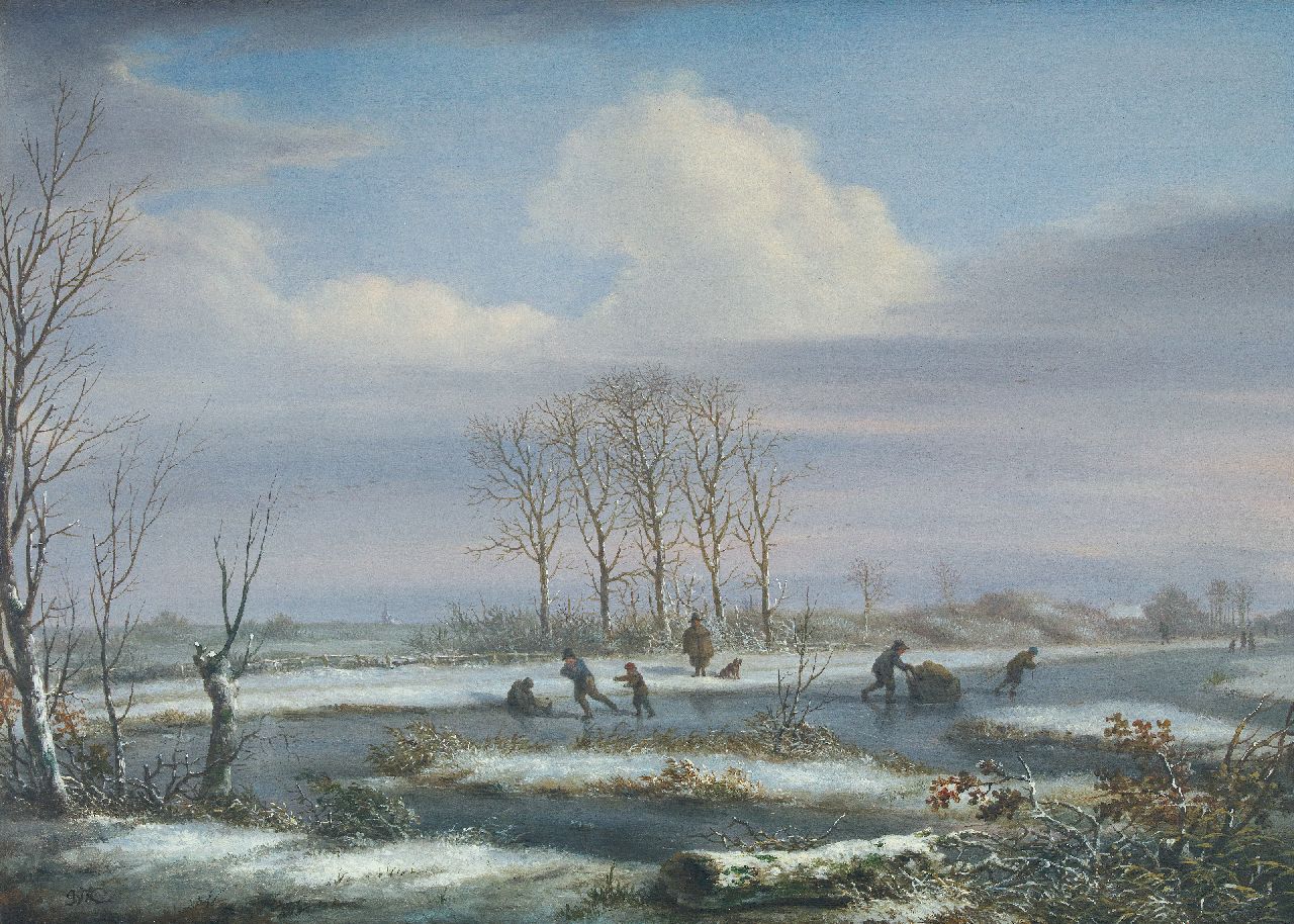 Kouwenhoven J. van | Jacob van Kouwenhoven | Paintings offered for sale | Winter landscape with skaters, oil on panel 31.0 x 43.6 cm, signed l.l. with initials