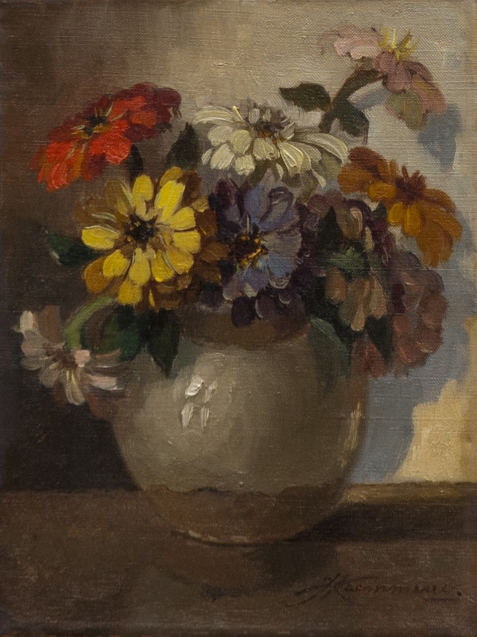 Kaemmerer J.H.  | Johan Hendrik Kaemmerer, Zinnias, oil on canvas 24.1 x 18.3 cm, signed l.r.