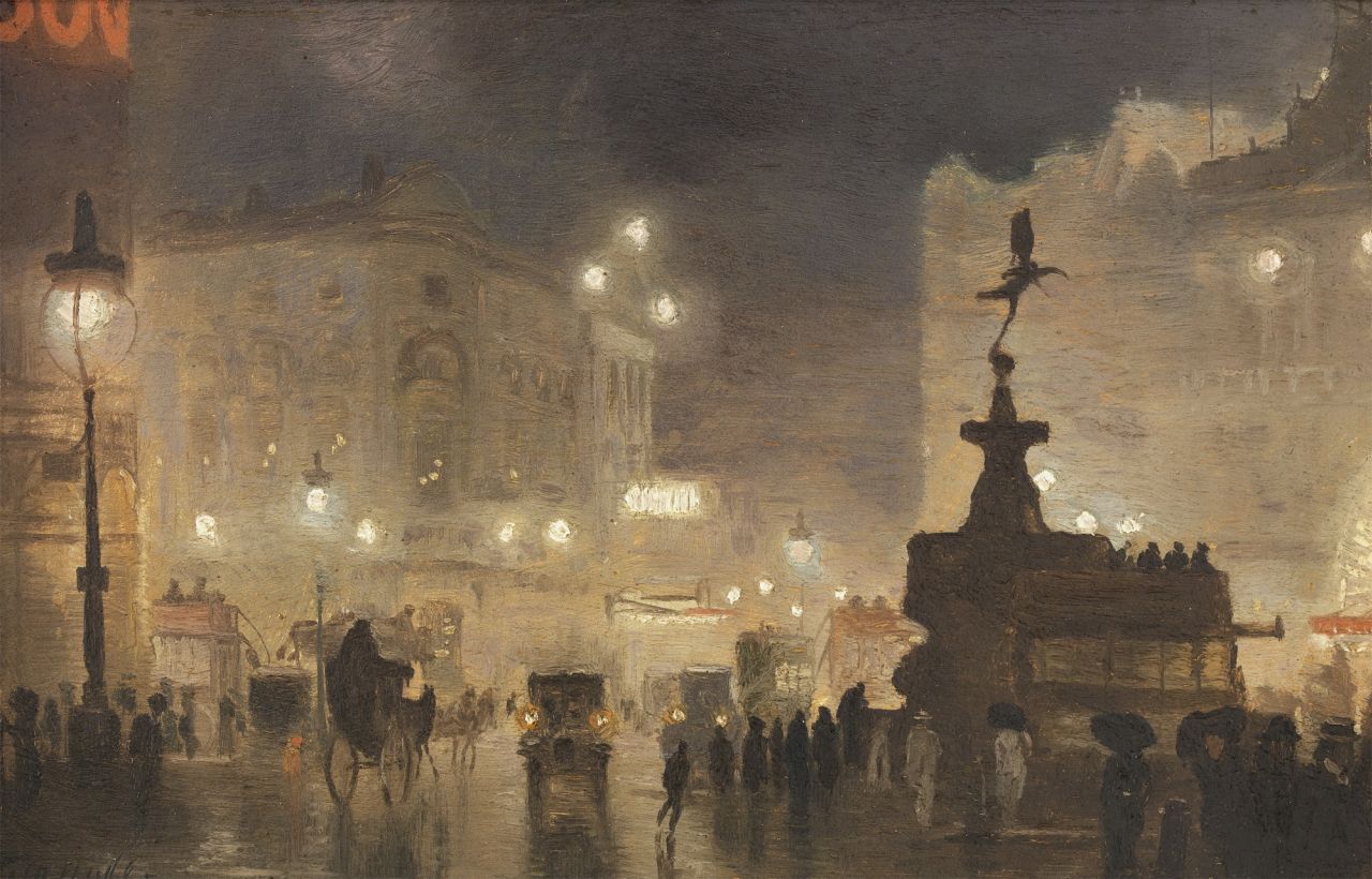 Hyde-Pownall G.  | George Hyde-Pownall, Piccadilly Circus by night, oil on painter's board 15.0 x 23.2 cm, signed l.l. and on the reverse