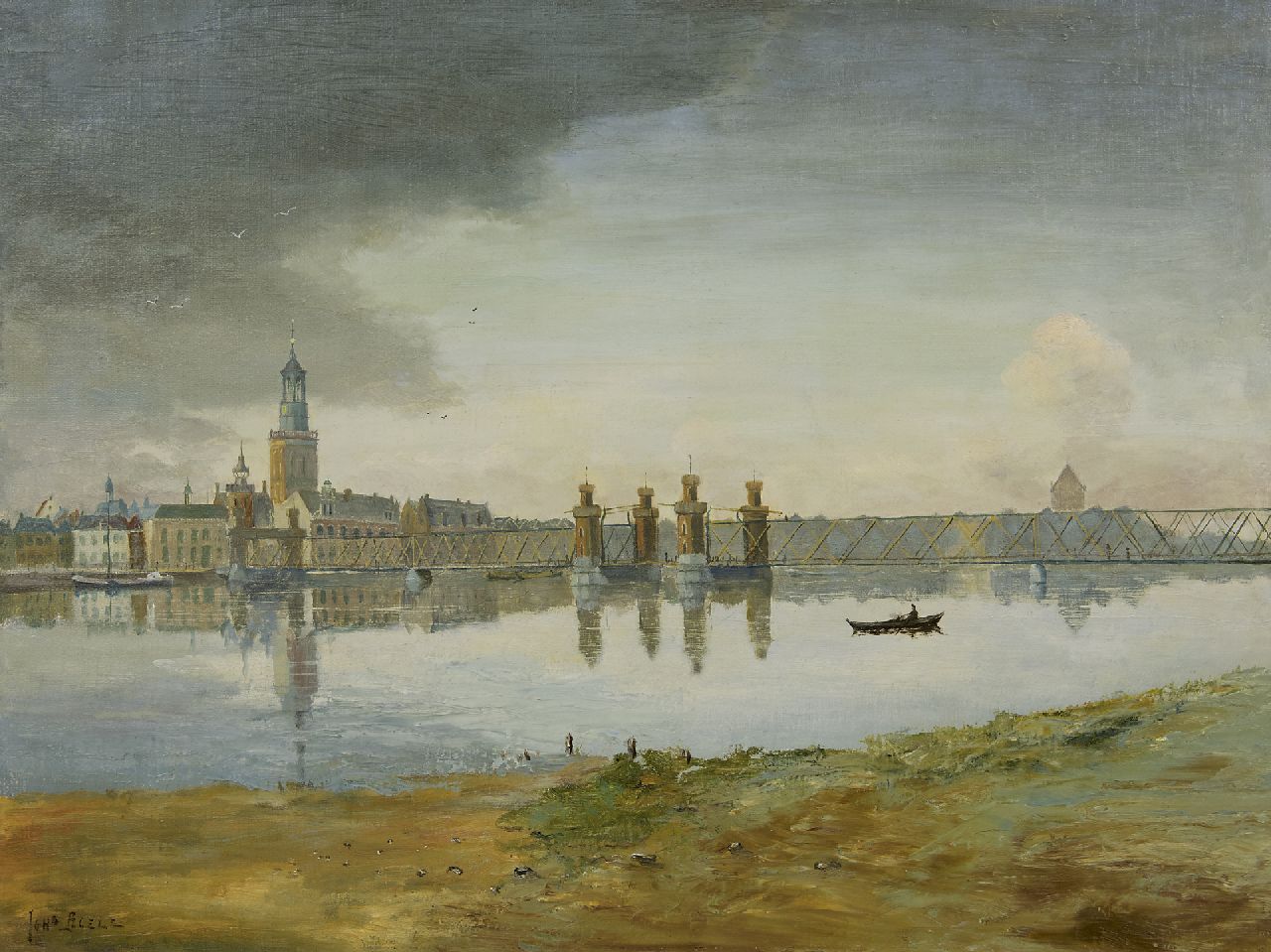 Boele J.  | Johannes Boele, A view of Kampen with the old bridge over the river IJssel, oil on canvas 60.3 x 80.2 cm, signed l.l.