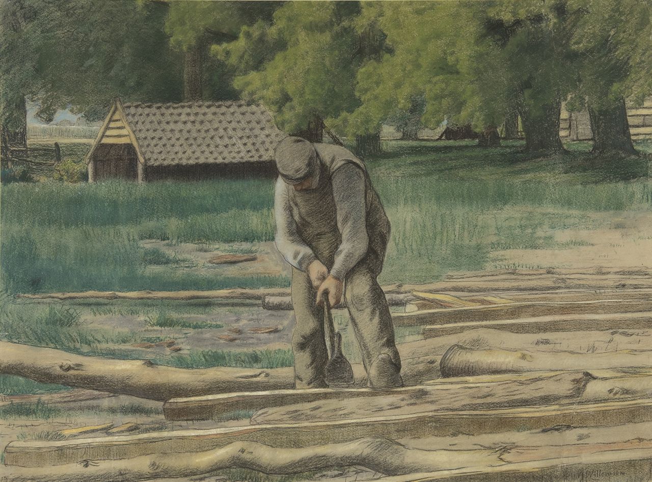 Willemsen W.J.  | Willem Jan Willemsen, Lumberjack in Sonsbeek Park, chalk on paper 47.4 x 64.5 cm, signed l.r.