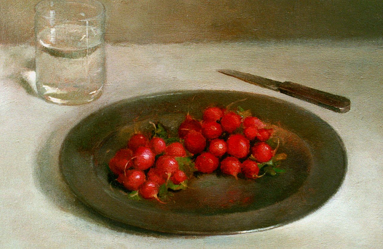 Vermeeren K.J.F.M.  | Karel Johannes Franciscus Maria Vermeeren, A still life with radishes, oil on canvas 29.9 x 40.0 cm, signed u.r. and dated '41