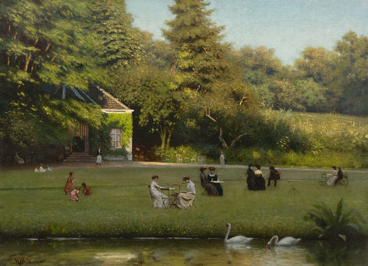 Willemsen W.J.  | Willem Jan Willemsen, Drinking tea in Park Sonsbeek, Arnhem, oil on canvas 50.5 x 69.5 cm, signed l.l.