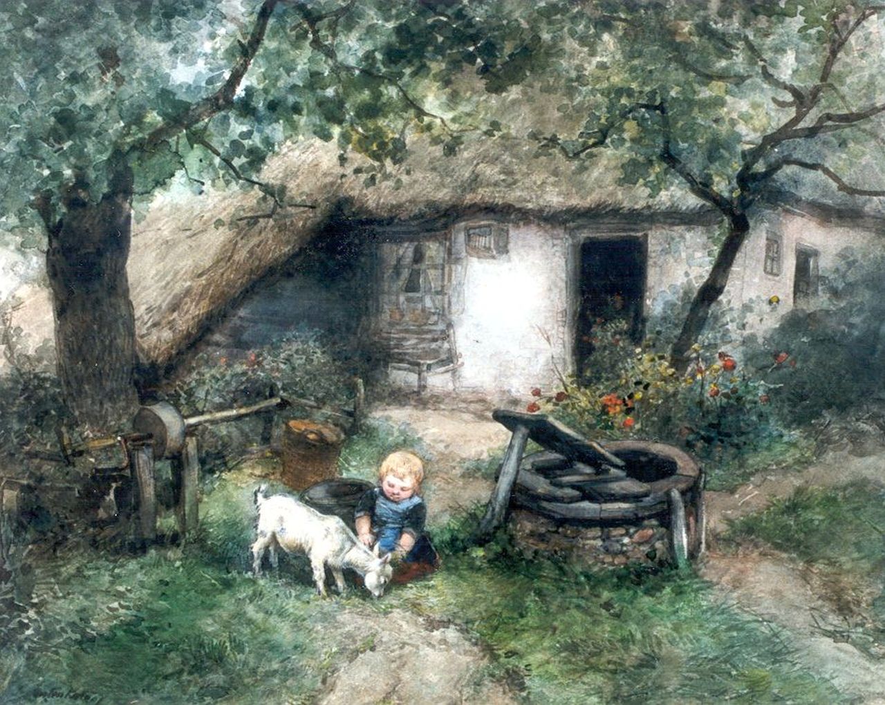 Kate J.M.H. ten | Johan 'Mari' Henri ten Kate, Gir feeding a goat, watercolour on paper 37.0 x 49.0 cm, signed l.l.