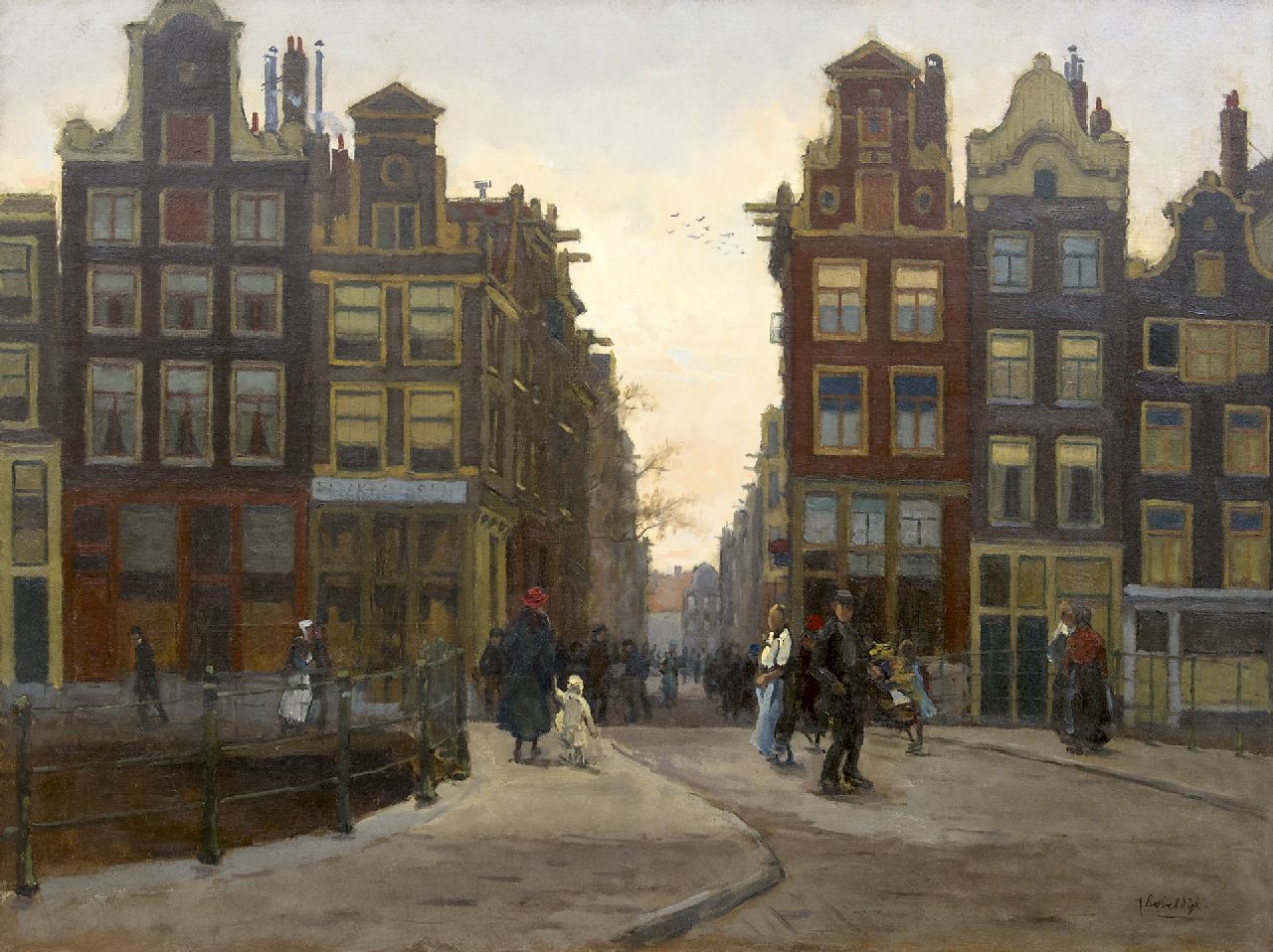 Bobeldijk F.  | Felicien Bobeldijk, A view on the Wijde Heisteeg, Amsterdam, at dusk, oil on canvas 60.2 x 80.2 cm, signed l.r.