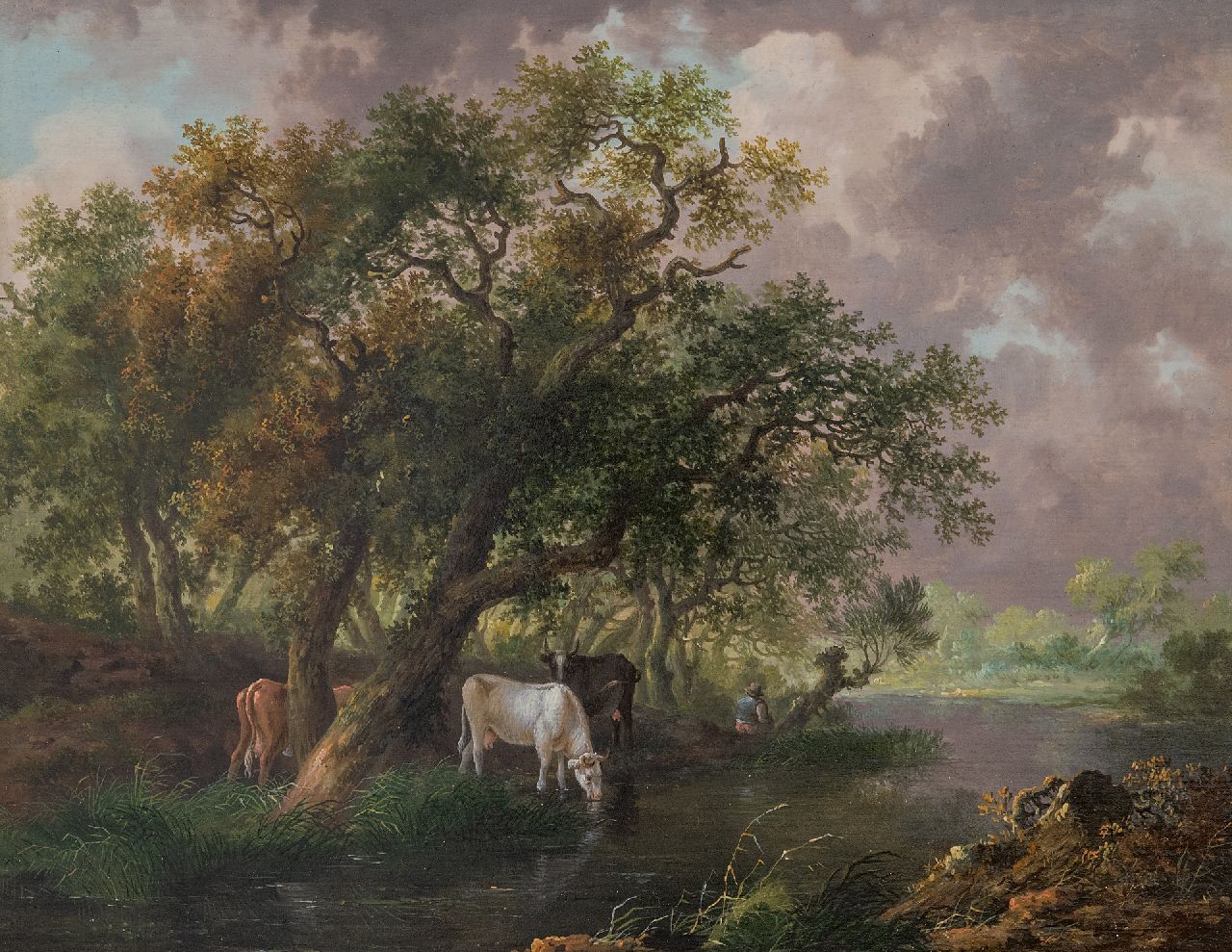 Fredericus Theodorus Renard | Cattle watering by a wooded river, oil on panel, 26.5 x 34.3 cm, signed (vague) on a label on the reverse and painted ca. 1815, without frame