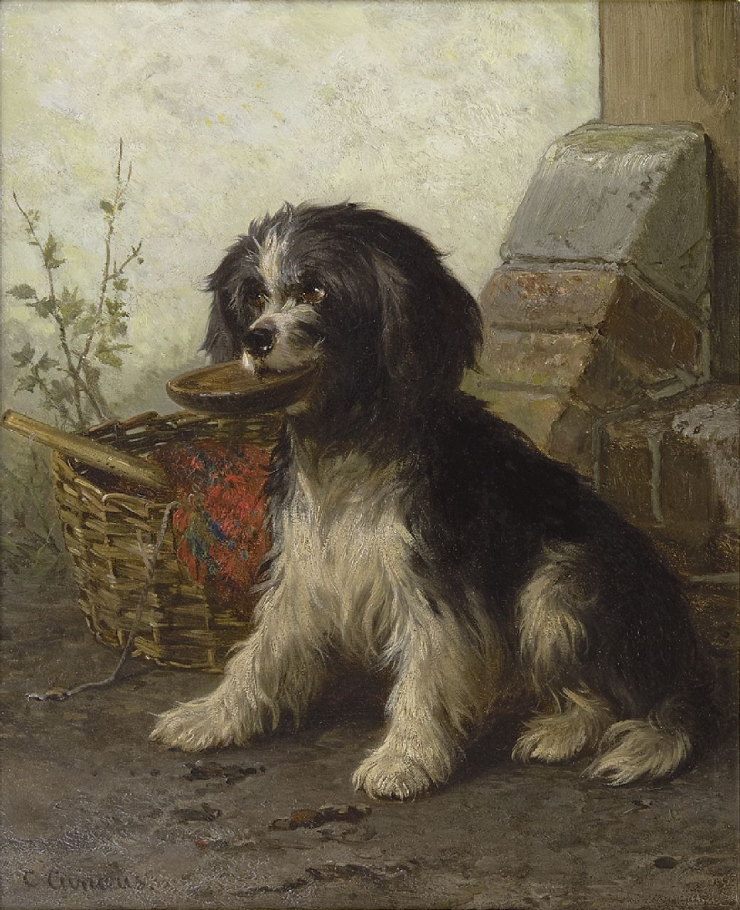 Cunaeus C.  | Conradijn Cunaeus, A sheepdog by a basket, oil on panel 34.2 x 28.5 cm, signed l.l.