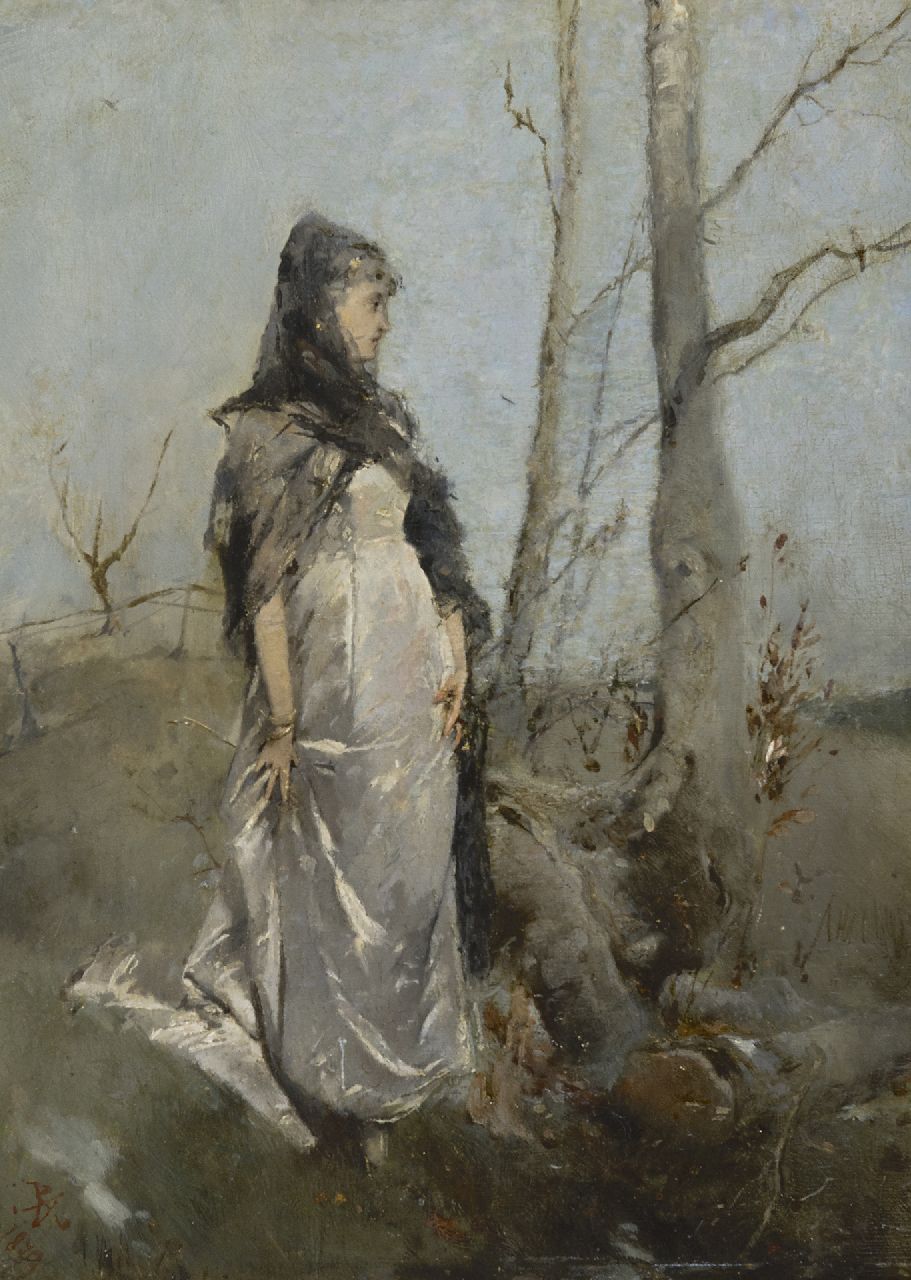 Haaxman P.A.  | Pieter Alardus Haaxman | Paintings offered for sale | Woman in a landscape, oil on panel 34.0 x 25.5 cm, signed l.l. with monogram and dated 1879