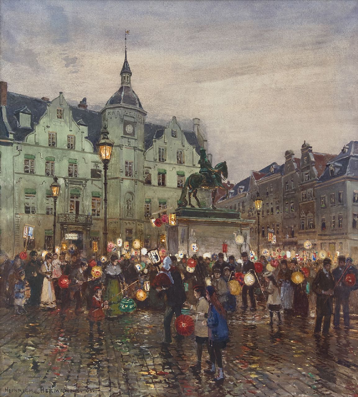 Hermanns H.  | Heinrich Hermanns, Saint Martin procession in front of the Düsseldorf town hall, watercolour and gouache on paper 58.2 x 52.3 cm, signed l.l. and dated '05