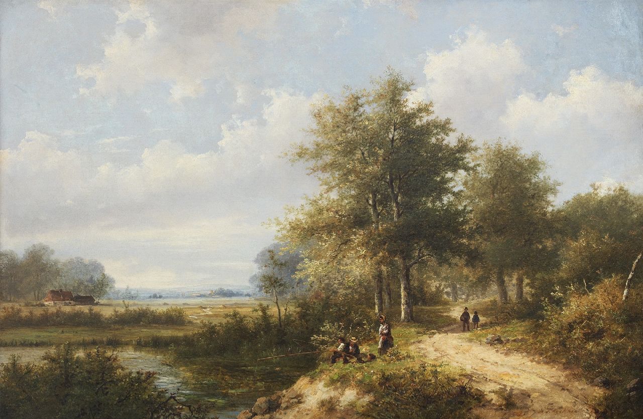 Koekkoek P.H.  | Pieter Hendrik 'H.P.' Koekkoek, A wooded landscape with anglers by a stream, oil on canvas 41.5 x 62.3 cm, signed l.r. (twice)
