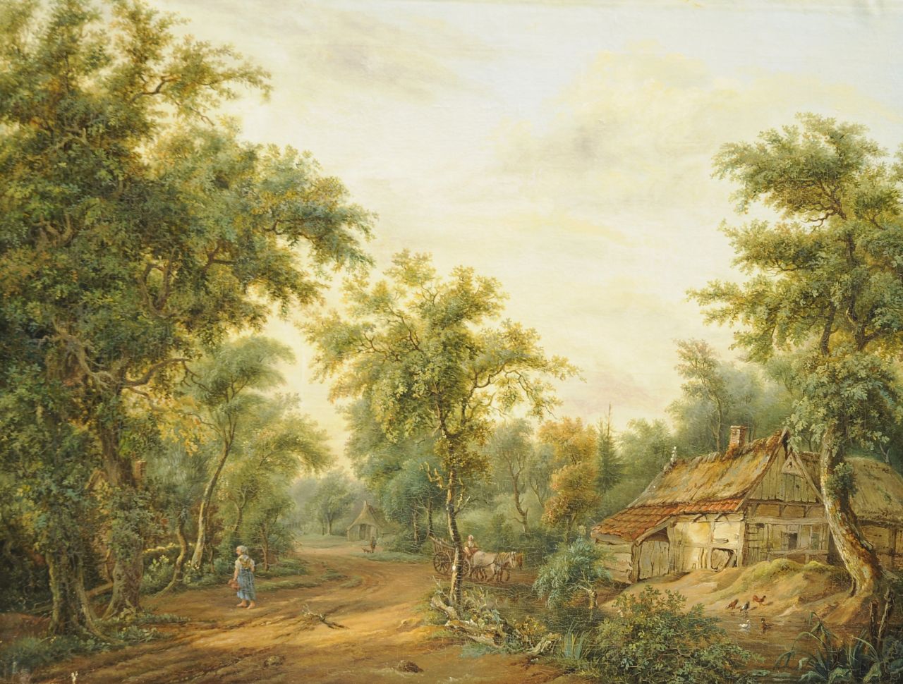 Barbiers Bzn P.  | Pieter Barbiers Bzn, A wooded landscape with a farm and landfolk, oil on canvas 51.8 x 66.4 cm