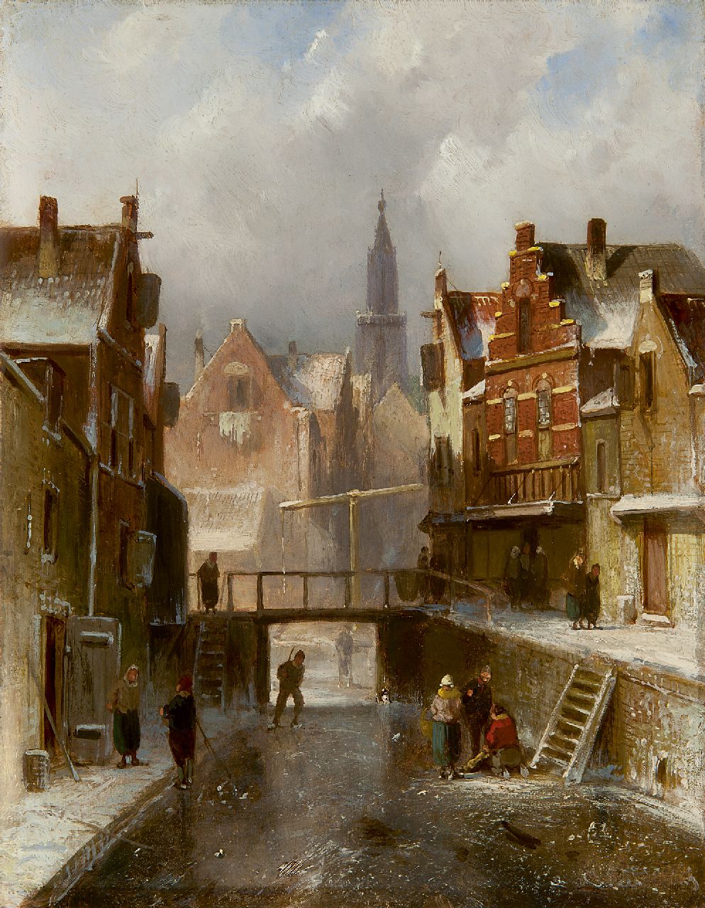 Leickert C.H.J.  | 'Charles' Henri Joseph Leickert, Ice skating at a canal, Amsterdam, oil on panel 27.0 x 20.9 cm, signed l.r.