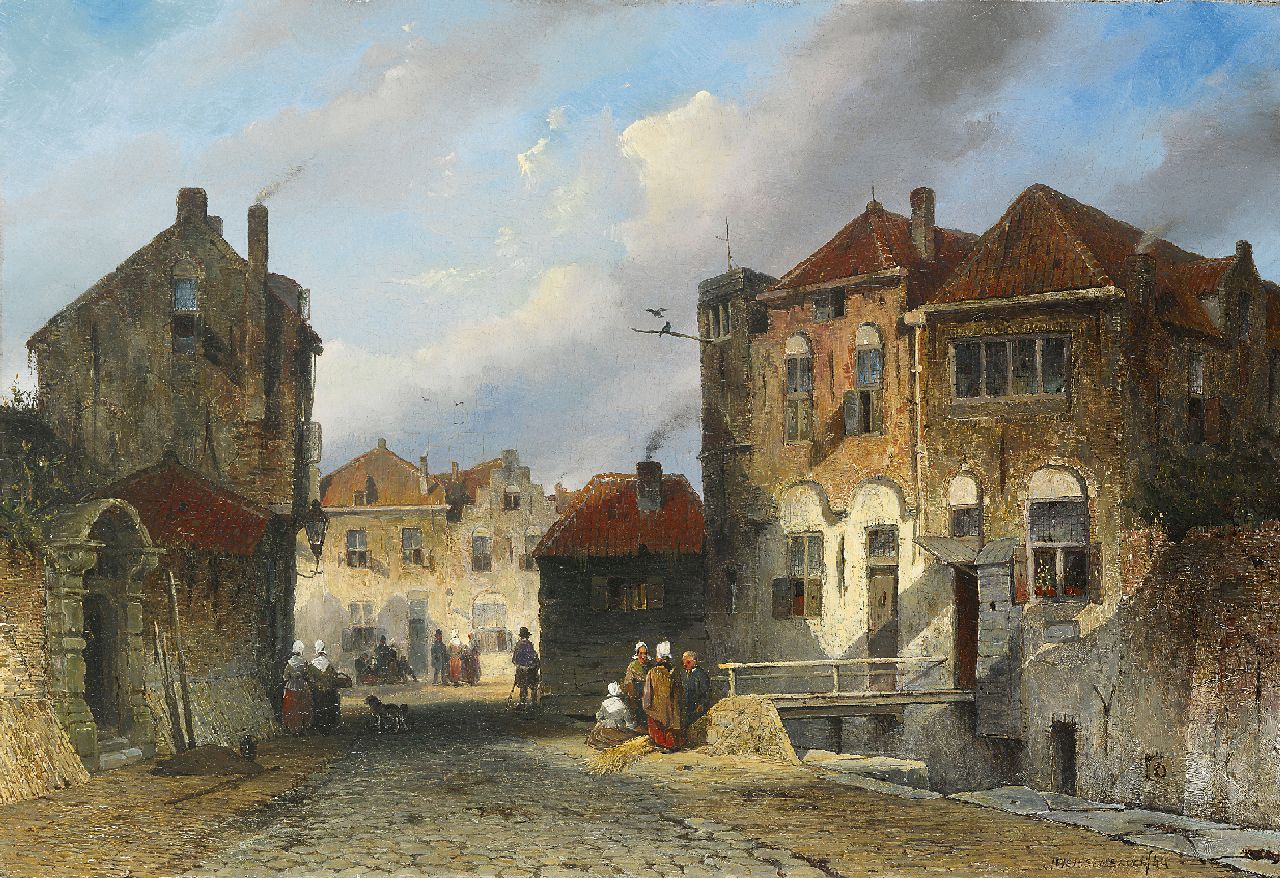 Weissenbruch J.  | Johannes 'Jan' Weissenbruch, Daily activities in a Dutch town in summer, oil on panel 34.8 x 50.9 cm, signed l.r. and with initials on the reverse and dated '44