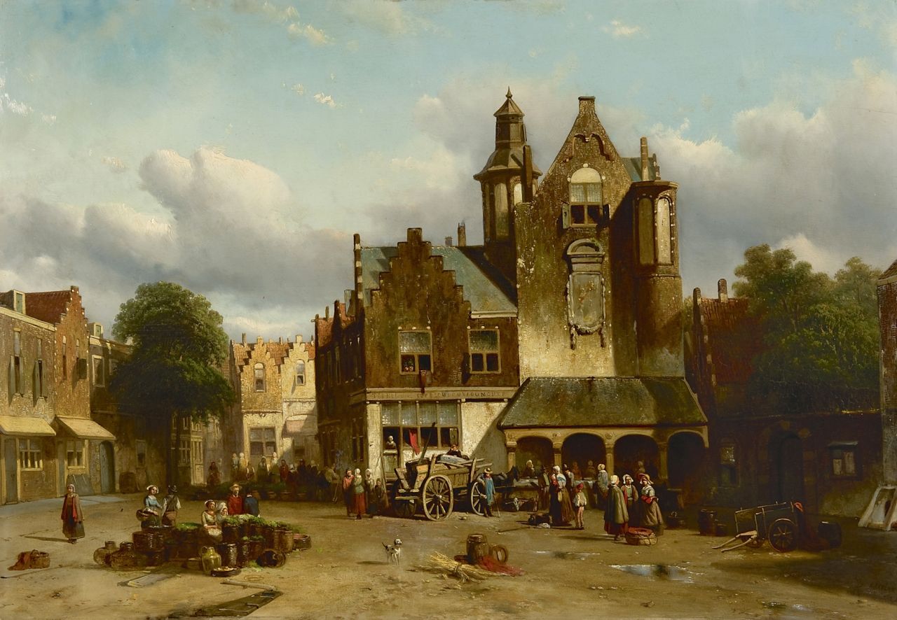 Vrolijk J.A.  | Jacobus 'Adriaan' Vrolijk, Dutch market square with a fish stall and building inspired by the Binnenhof in the Hague, oil on panel 48.0 x 68.0 cm, signed l.r. and dated '58