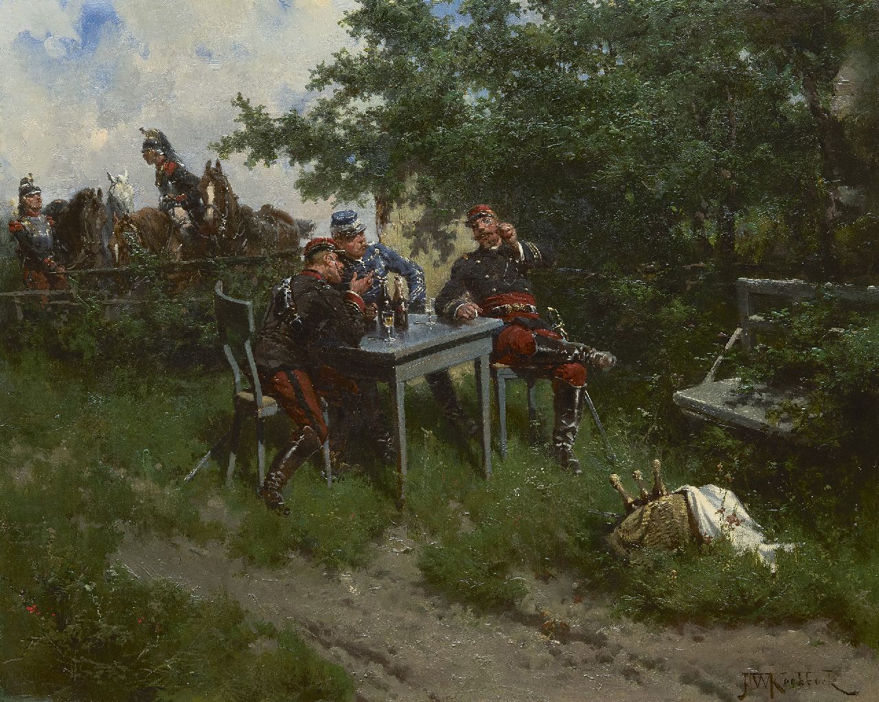 Koekkoek H.W.  | Hermanus Willem Koekkoek, French officers taking a break, oil on canvas 43.5 x 53.2 cm, signed l.r. and painted in 1892