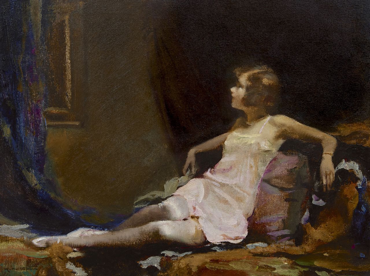 Nissl R.  | Rudolf Nissl, Resting girl (in pink underdress), oil on canvas 51.1 x 66.9 cm, signed l.l.