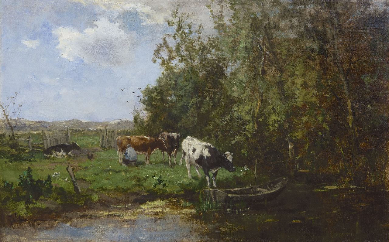 Scherrewitz J.F.C.  | Johan Frederik Cornelis Scherrewitz, Milking cows behind the dunes, oil on canvas 35.7 x 55.4 cm, signed l.l.