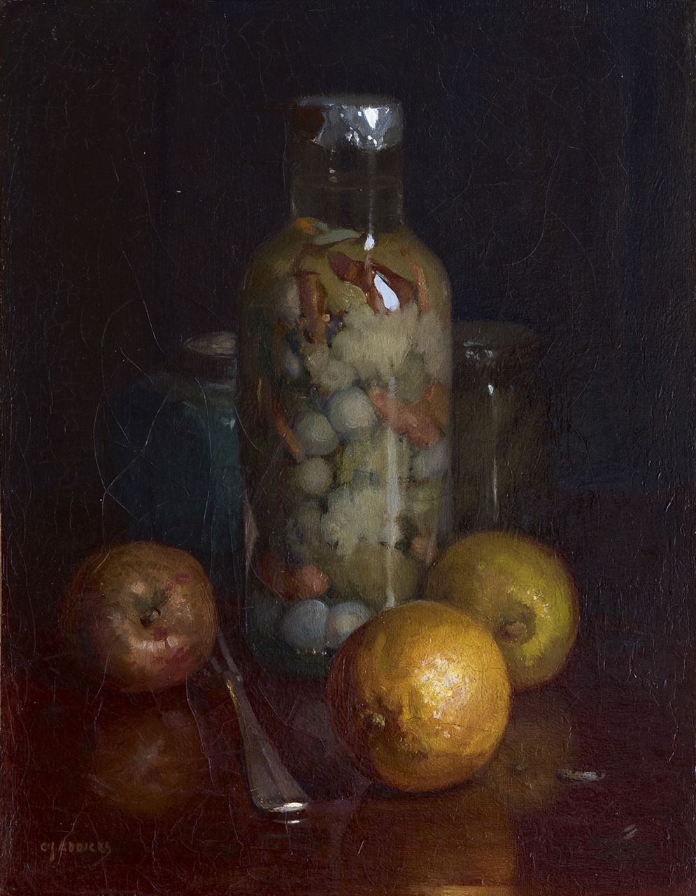 Addicks C.J.  | 'Christiaan' Johannes Addicks, A still life with a glass preserving jar and fruit, oil on canvas 35.8 x 27.8 cm, signed l.l.