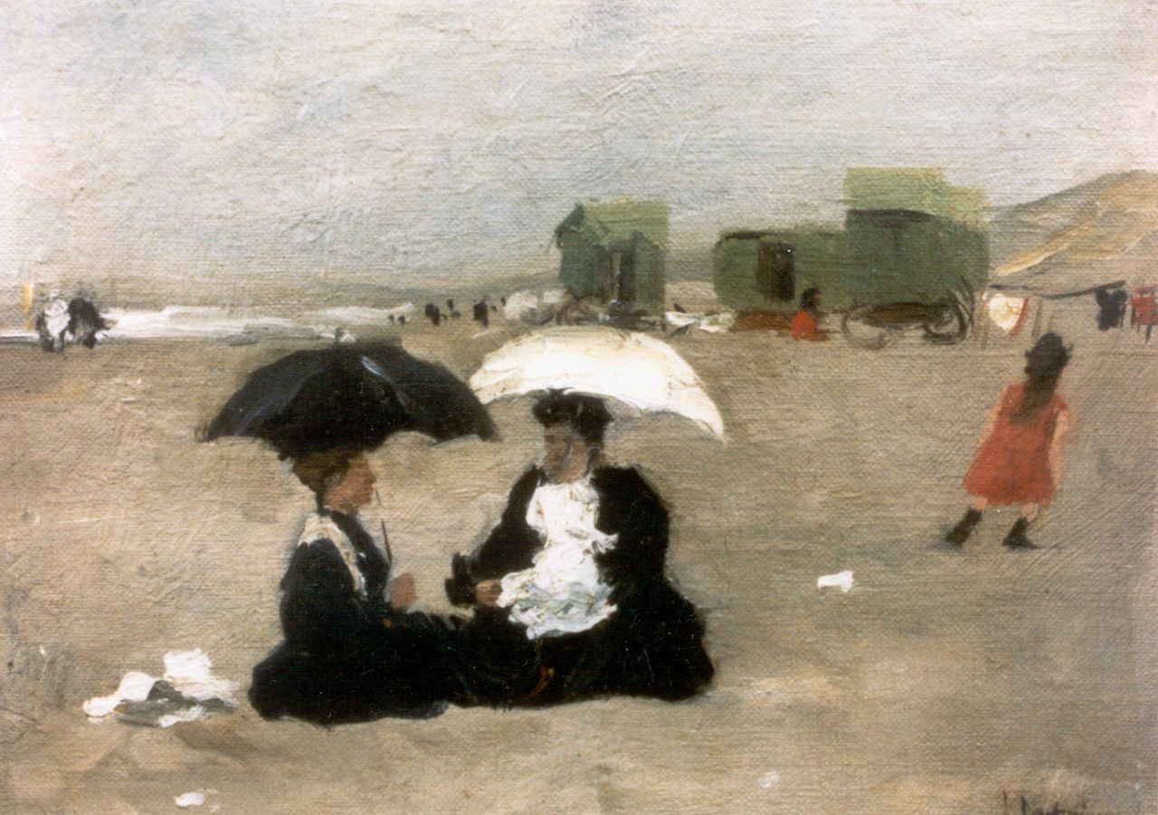 Arntzenius P.F.N.J.  | Pieter Florentius Nicolaas Jacobus 'Floris' Arntzenius, Elegant ladies at the beach, 1907, oil on canvas laid down on panel 21.3 x 28.7 cm, signed l.r.