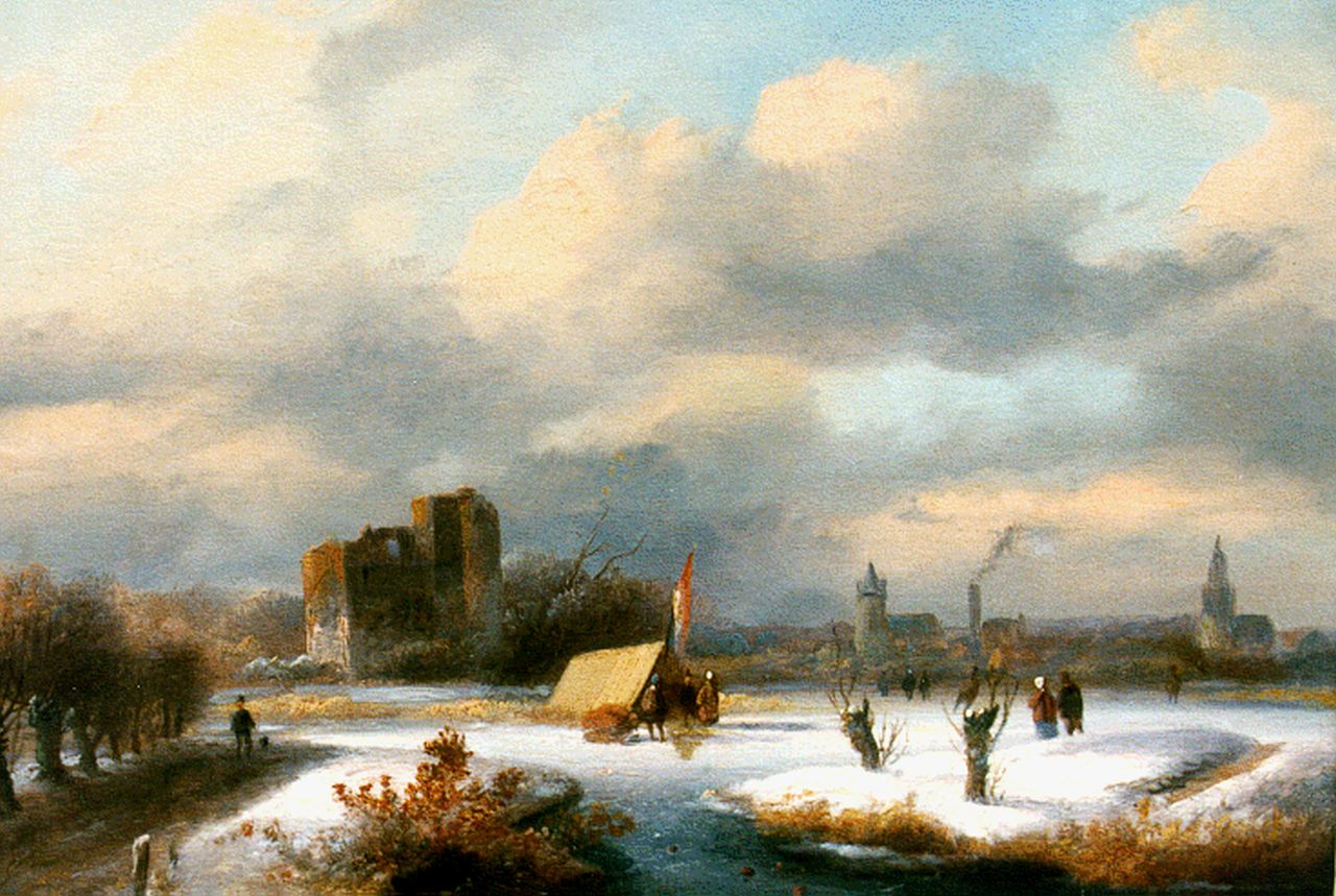 Velzen J.P. van | Johannes Petrus van Velzen, Skaters on a frozen waterway, oil on panel 18.0 x 22.2 cm, signed l.r.