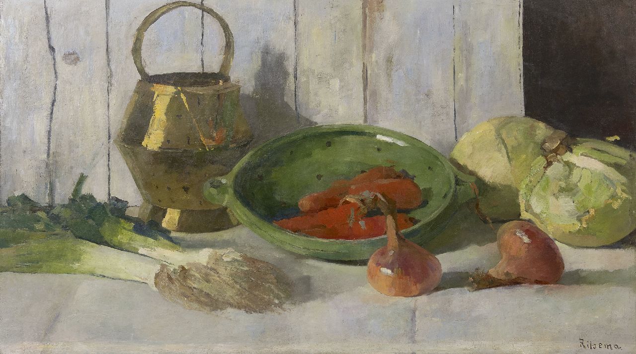 Ritsema J.J.  | Jacoba Johanna 'Coba' Ritsema, A still life with vegetables and an eartherware strainer, oil on canvas 67.0 x 118.4 cm, signed l.r.