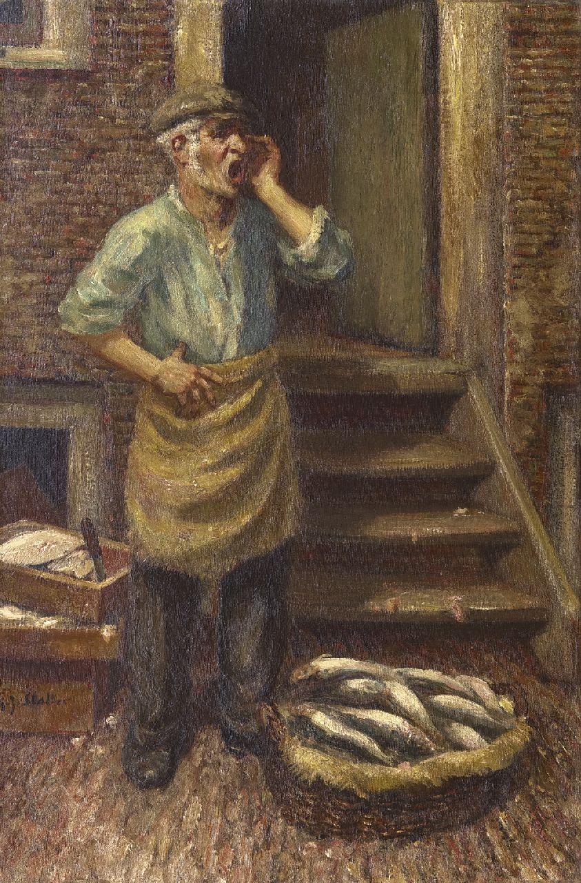 Staller G.J.  | Gerard Johan Staller, A fish seller, Amsterdam, oil on canvas 45.2 x 30.2 cm, signed l.l.