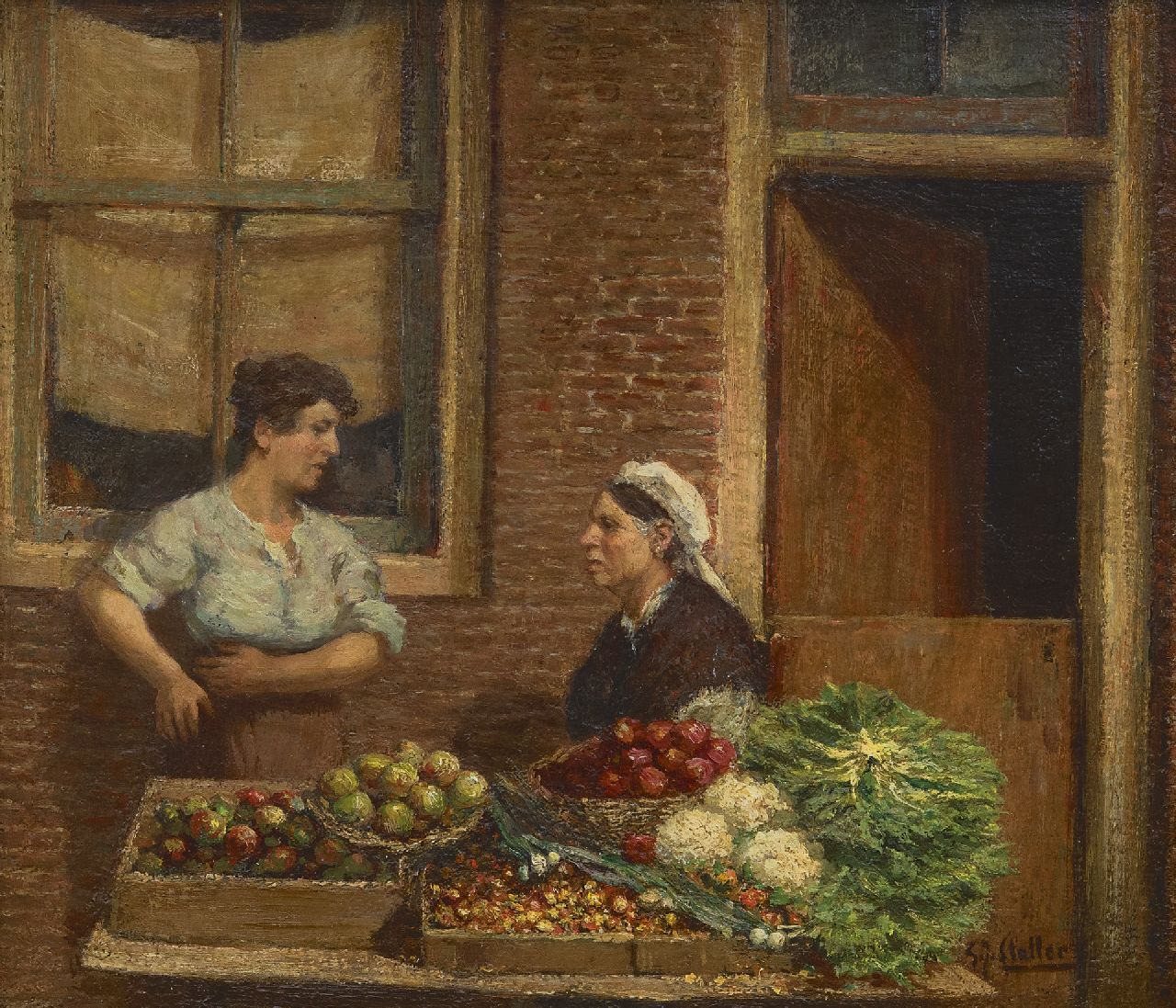 Staller G.J.  | Gerard Johan Staller, Vegetable sellers at the market, Amsterdam, oil on panel 18.8 x 21.9 cm, signed l.r.