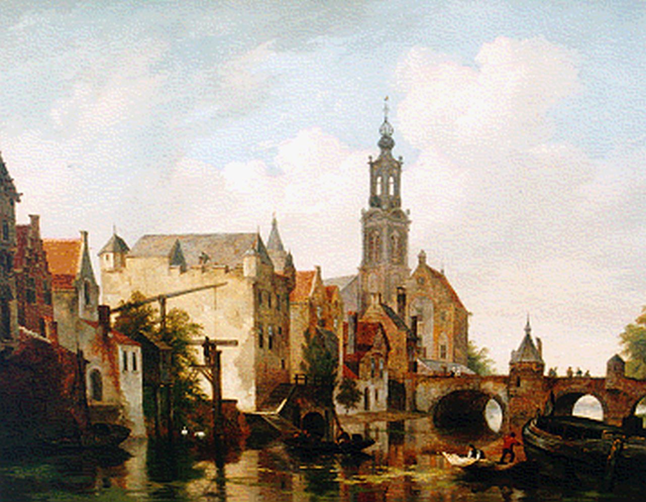 Hove B.J. van | Bartholomeus Johannes 'Bart' van Hove, A town along a river, oil on panel 39.3 x 45.5 cm, signed l.r.