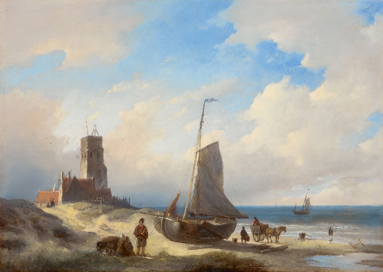 Spohler J.J.  | Jan Jacob Spohler | Paintings offered for sale | Beach scene near lighthouse, oil on panel 46.8 x 64.9 cm, signed l.l.