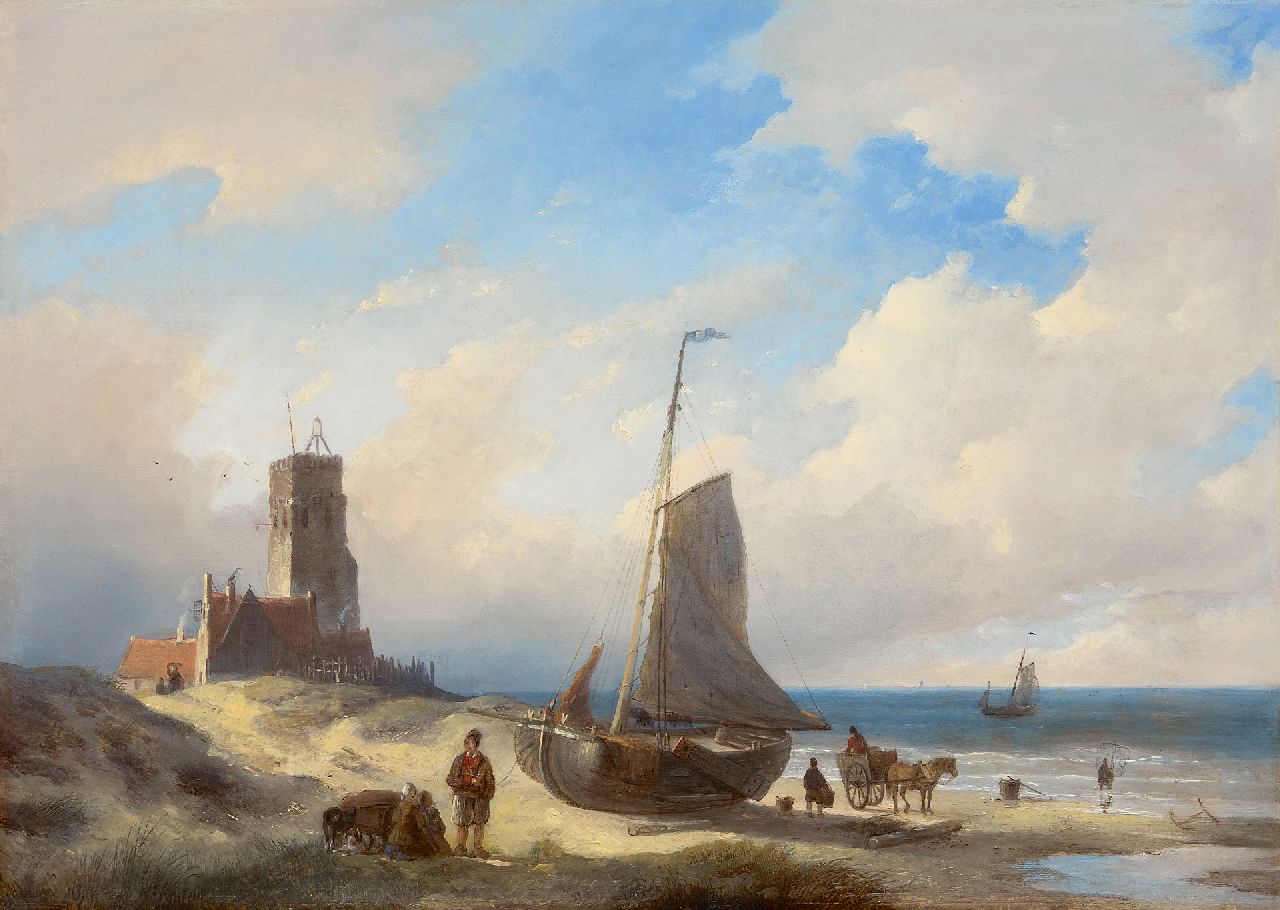 Spohler J.J.  | Jan Jacob Spohler, Beach scene near lighthouse Katwijk, oil on panel 46.8 x 64.9 cm, signed l.l.