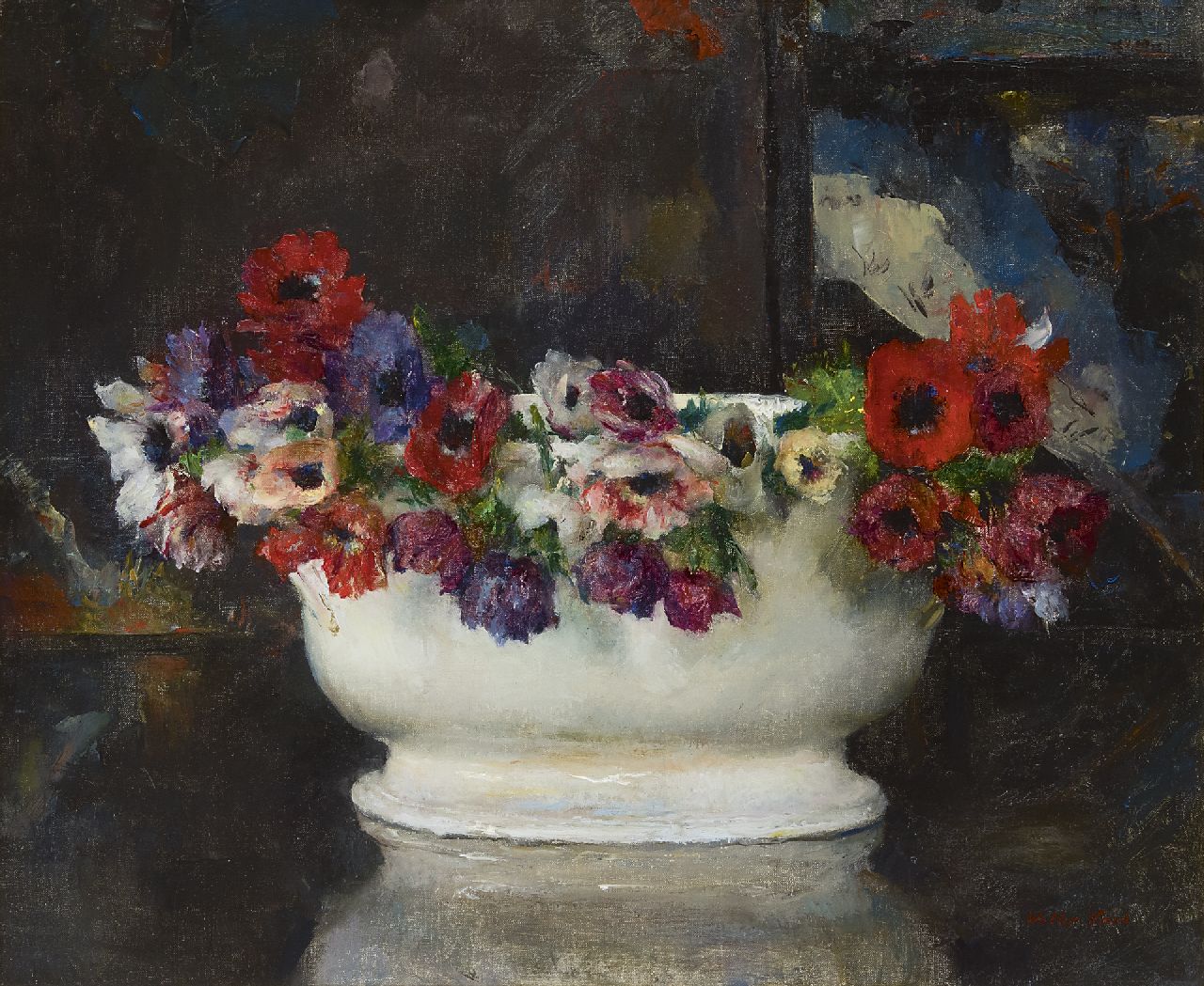 Vaes W.  | Walter Vaes, Anemones in a white flower bowl, oil on canvas 50.6 x 60.2 cm, signed l.r.