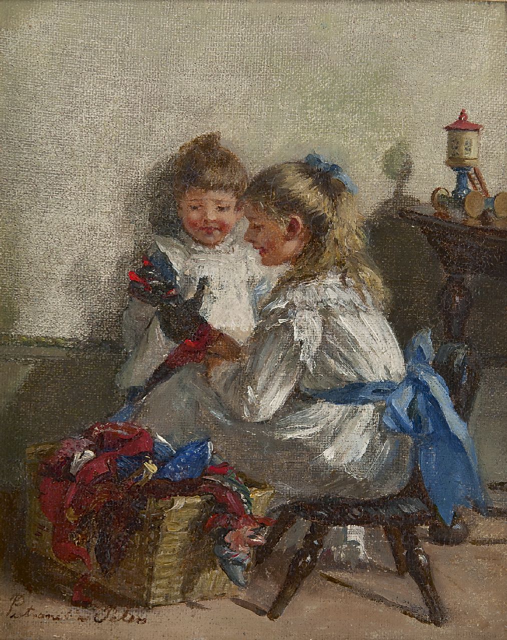 Peters P.  | Pietronella Peters, Playing with the dolls, oil on canvas laid down on painter's board 19.8 x 26.1 cm, signed l.l.