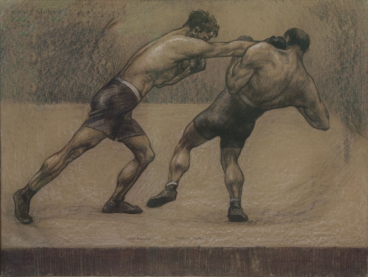 Sluiter J.W.  | Jan Willem 'Willy' Sluiter, Joe Beckett's fight against Tommy Burns, London 1920, charcoal and pastel on paper laid down on cardboard 74.3 x 99.0 cm, signed c.r. and dated 'London 1920'