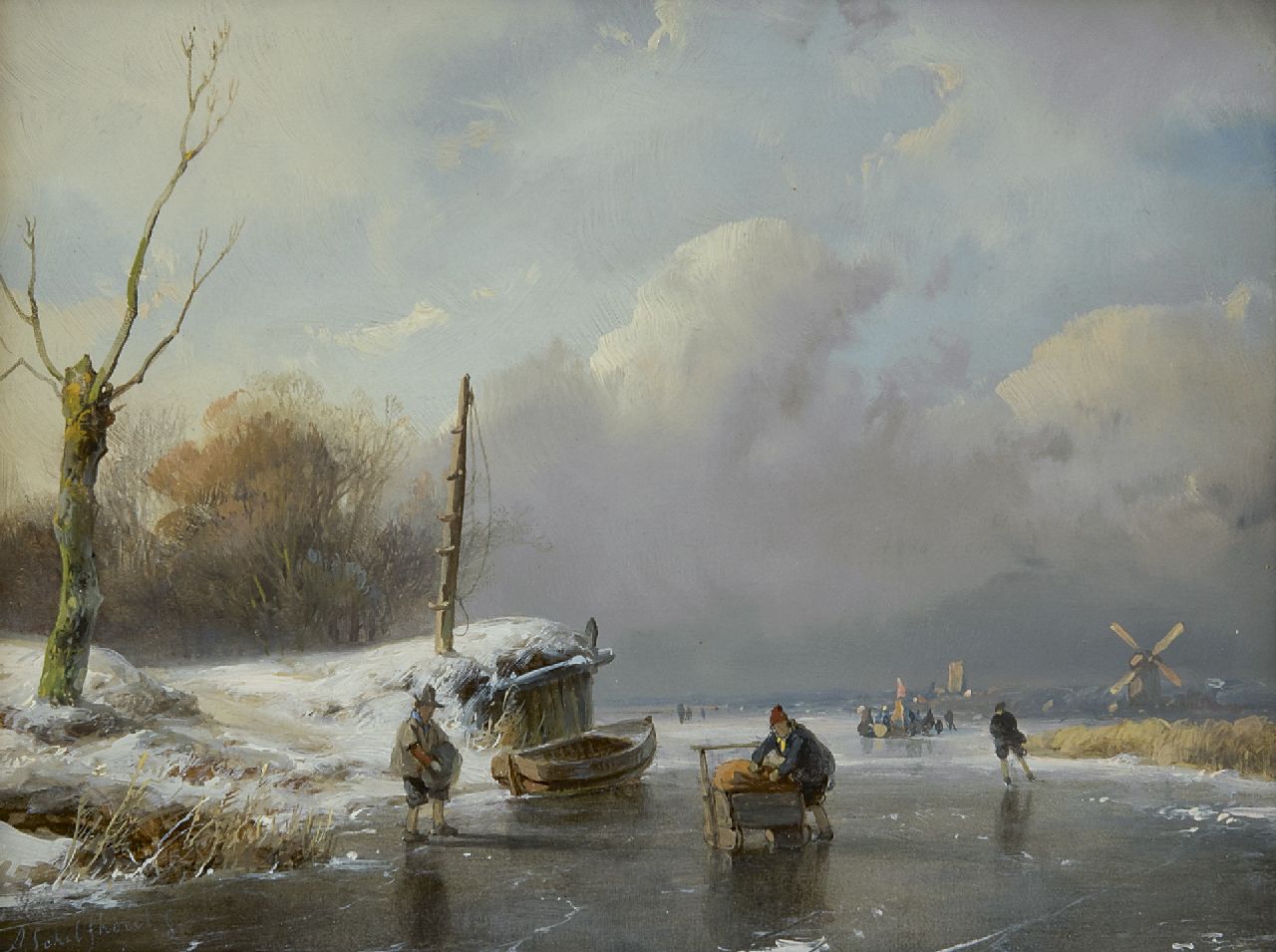 Schelfhout A.  | Andreas Schelfhout, Skaters and sledge on a frozen river, oil on panel 14.6 x 18.8 cm, signed l.l. and dated '48