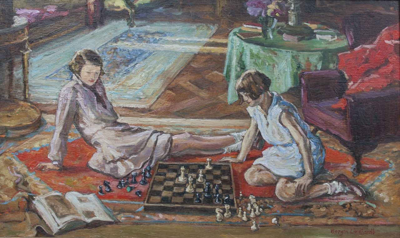 Sacha Borgen Lindhardt | Playing chess, oil on panel, 25.1 x 42.2 cm, signed l.r.