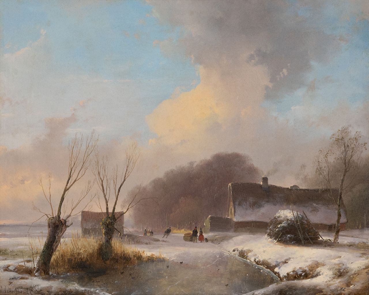 Schelfhout A.  | Andreas Schelfhout, A skater and figures on a frozen waterway, oil on panel 29.7 x 36.7 cm, signed l.l. and painted ca. 1833