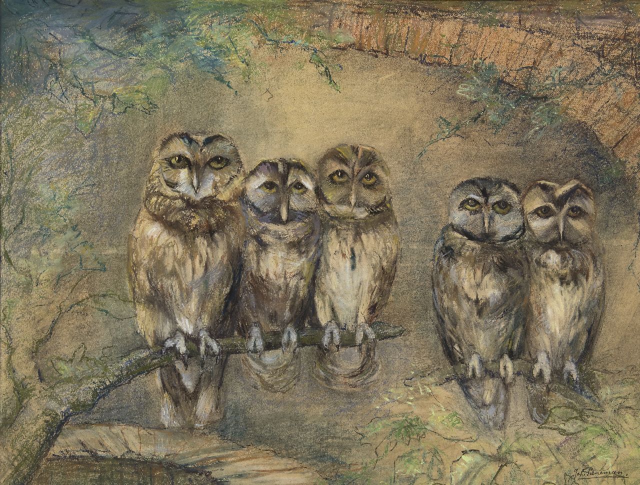 Pieneman J.H.  | 'Johanna' Hendrika Pieneman, Owls on a branch, pastel on paper 48.2 x 63.0 cm, signed l.r.