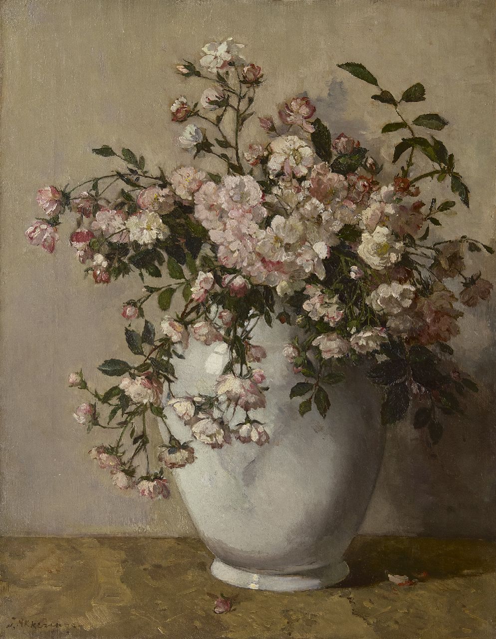 Akkeringa J.E.H.  | 'Johannes Evert' Hendrik Akkeringa, A white vase with spray roses, oil on canvas 54.1 x 42.1 cm, signed l.l.
